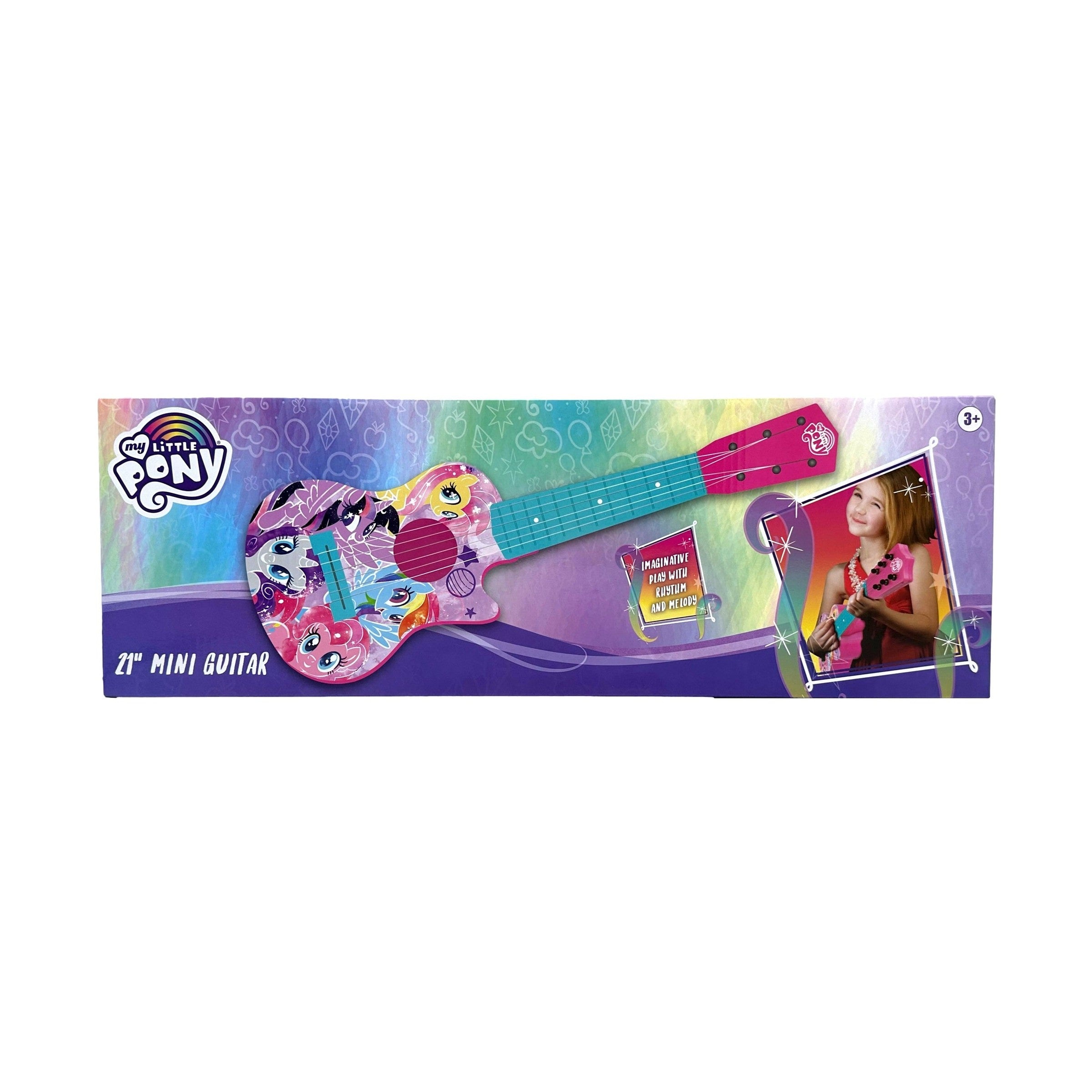 A My Little Pony-themed 21-inch mini guitar in its packaging, featuring a colorful design with images of the ponies, alongside a photo of a young girl playing with the guitar.